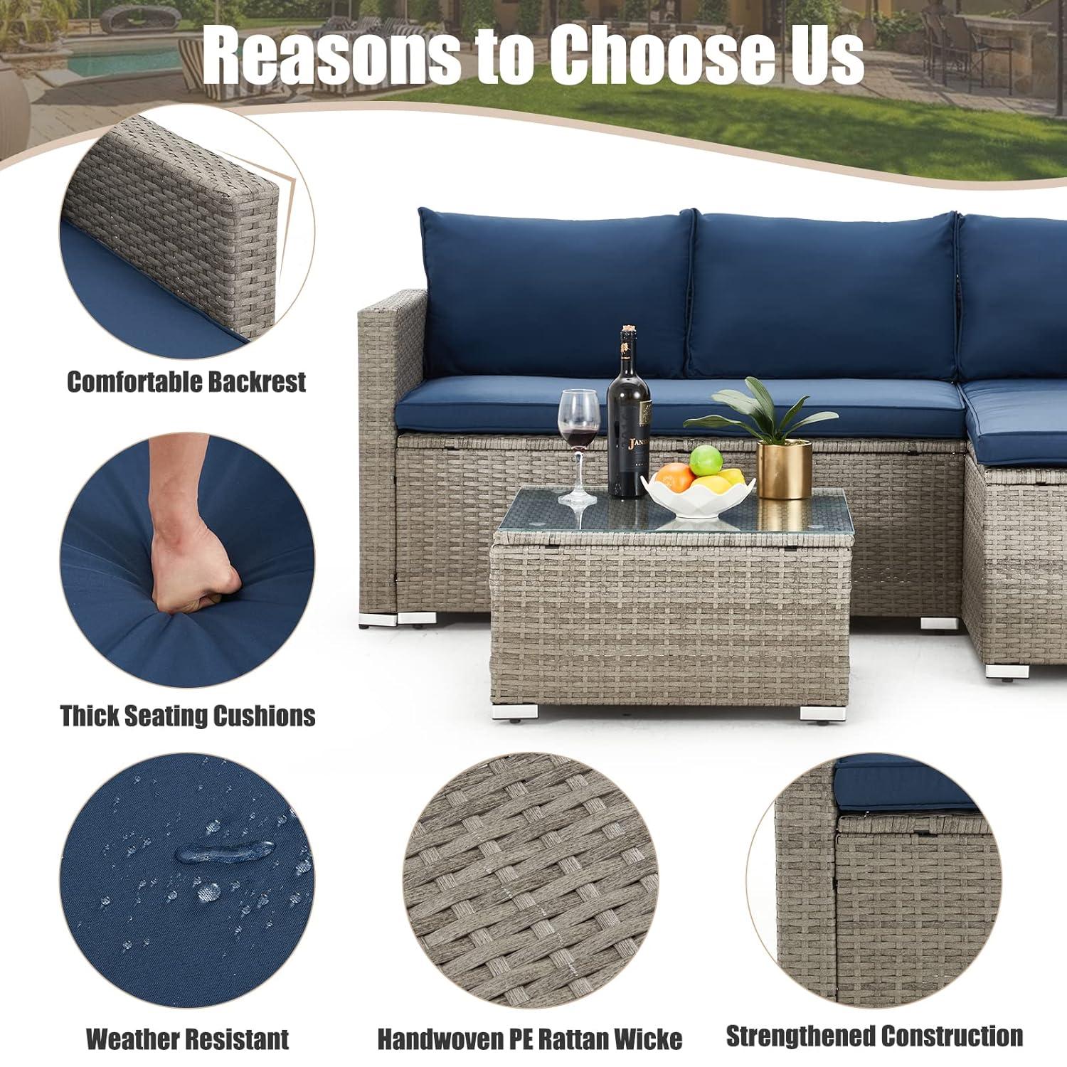 AVAWING Outdoor Patio Furniture Sets, All-Weather Sectional Sofa with Tempered Glass Table, 3 Pieces Patio Wicker Couch with Washable Cushions for Garden, Backyard and Porch （Blue）