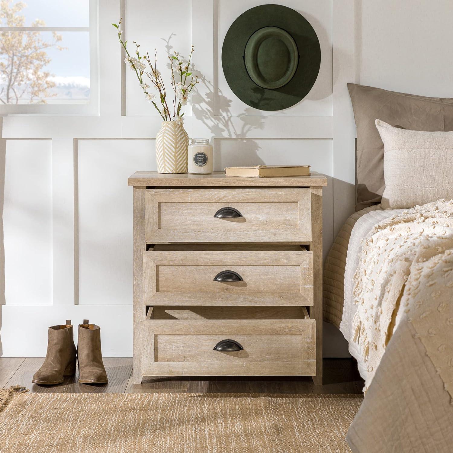 Fontella Transitional 3 Drawer Nightstand White Oak - Saracina Home: Farmhouse Style, MDF, Storage Solution