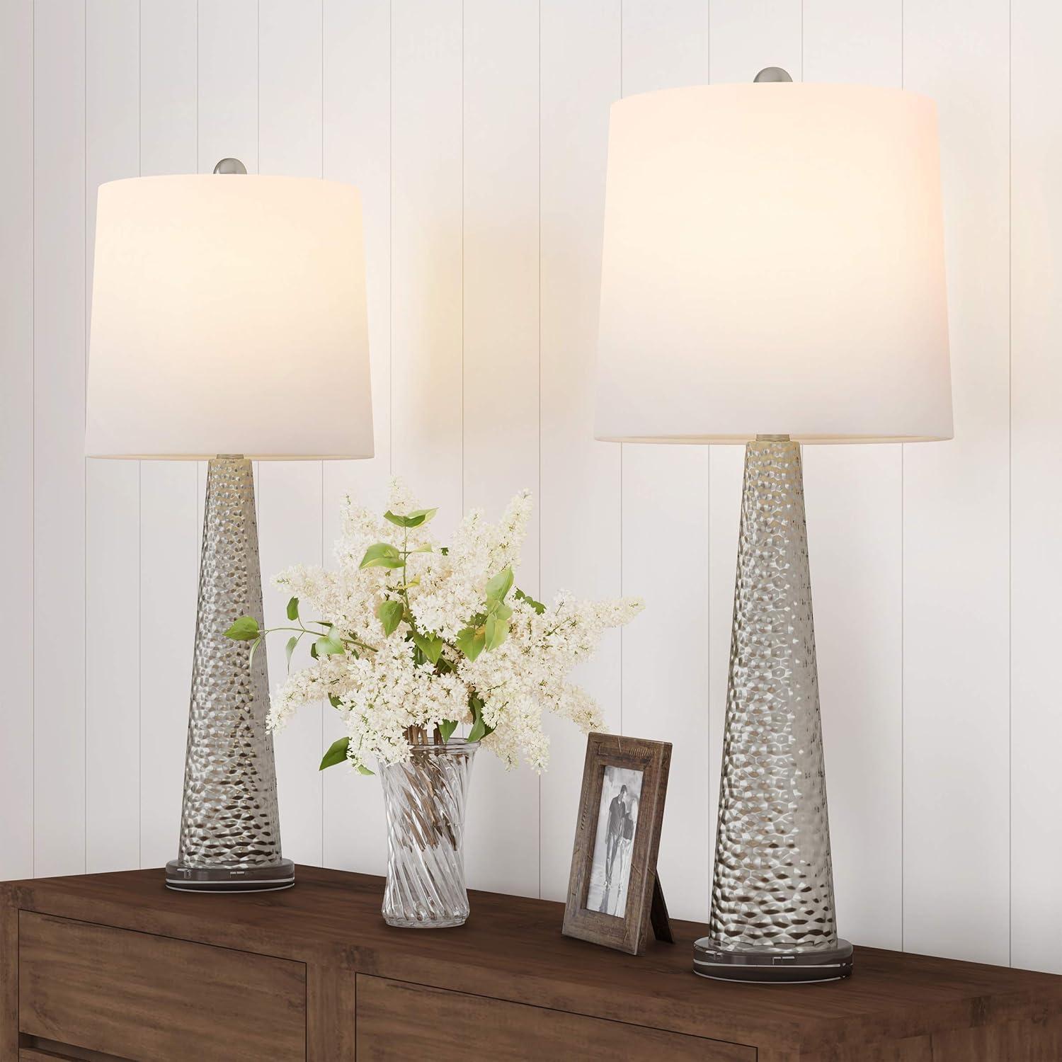 Set of 2 Silver Hammered Glass Table Lamps with Ivory Shades