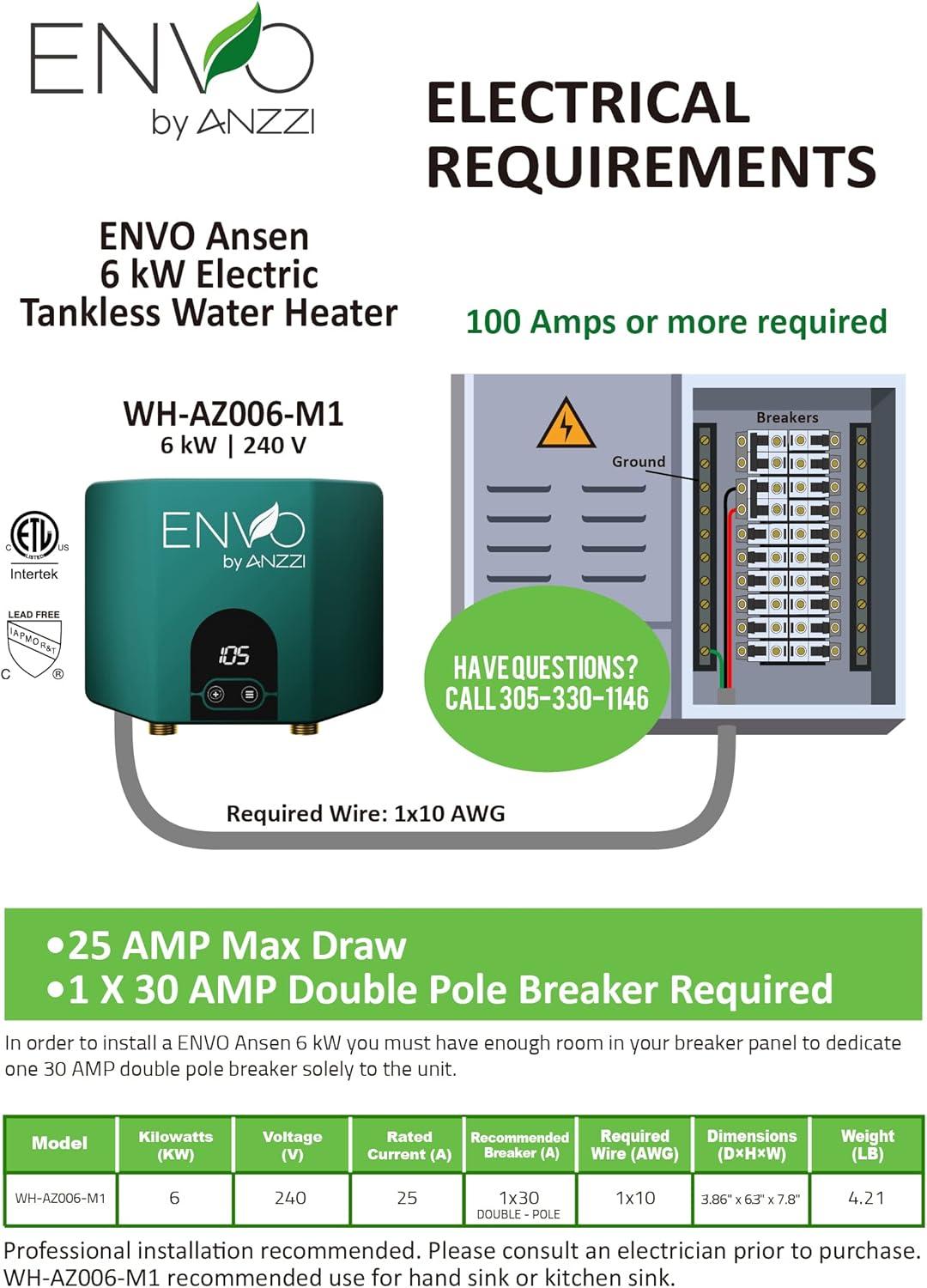 Envo ANZZI 3.5 Kw Tankless Electric Water Heater - Single Point of Use