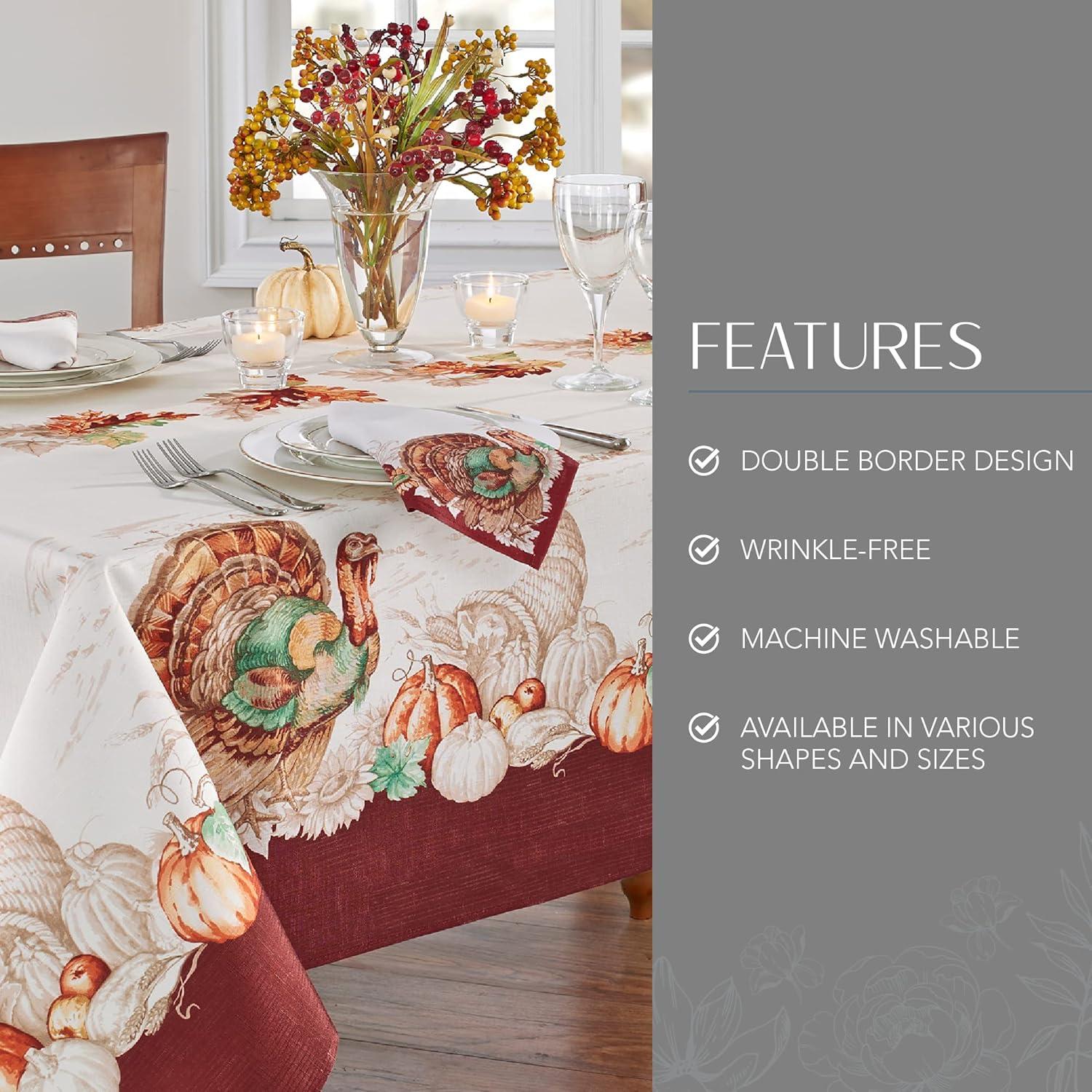 Elrene Holiday Turkey Bordered Fall Tablecloth - White/Red - Elrene Home Fashions