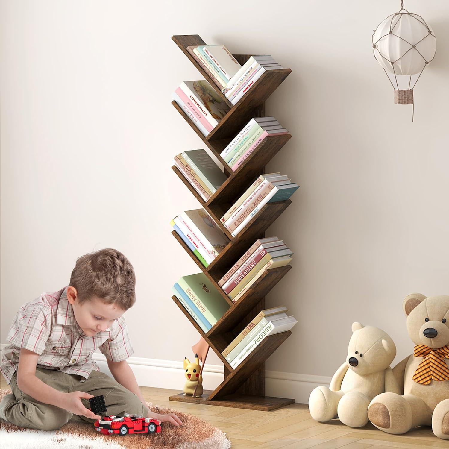 Hoctieon 10 Tier Tree Bookshelf, 10 Shelf Bookcase, Free Standing Tree Bookcase, Display Floor Standing Shelf for Books, Book Shelf Organizer, Rustic Brown