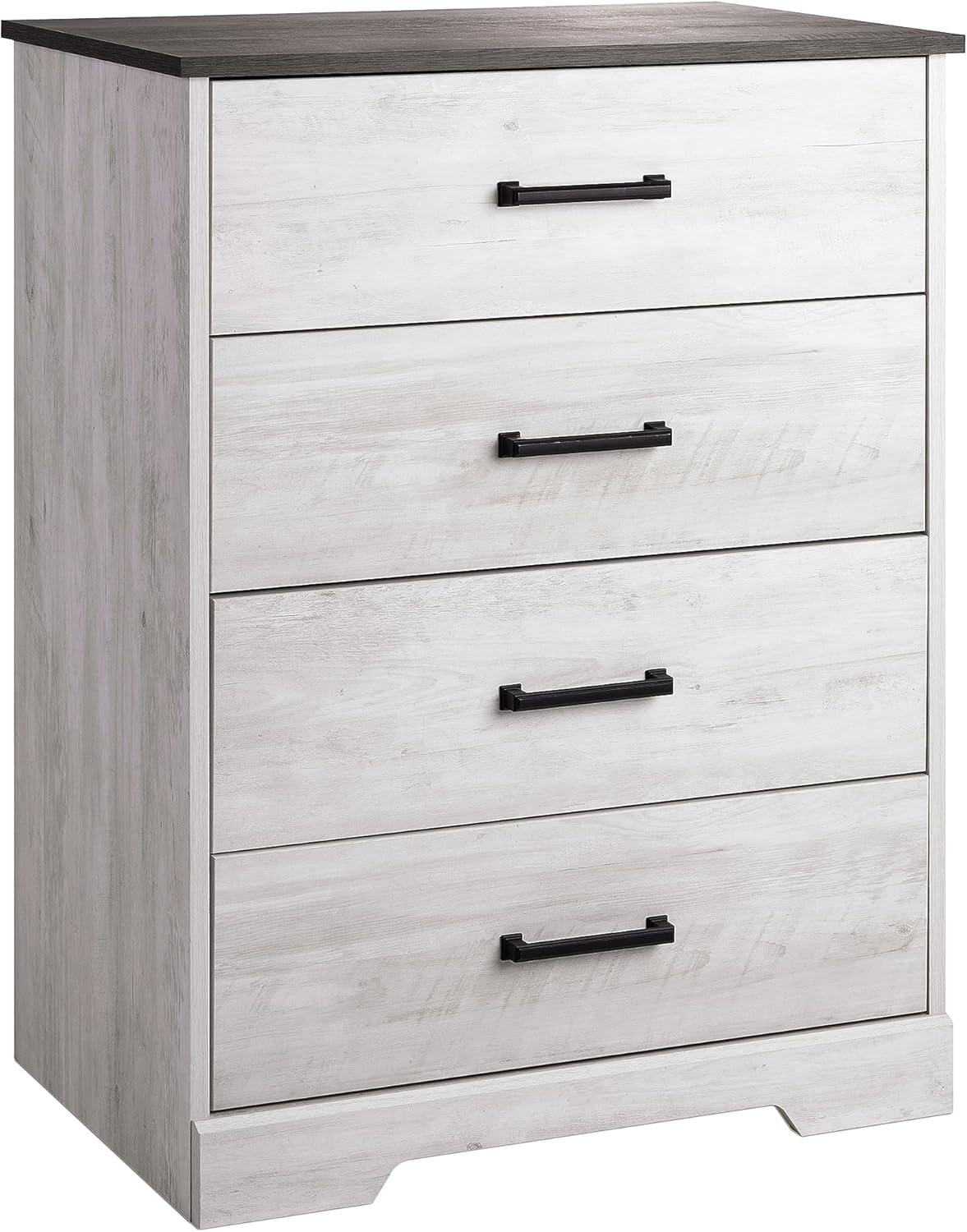 Prepac Rustic Ridge Farmhouse 4 Drawer Wooden Bedroom Dresser Washed White