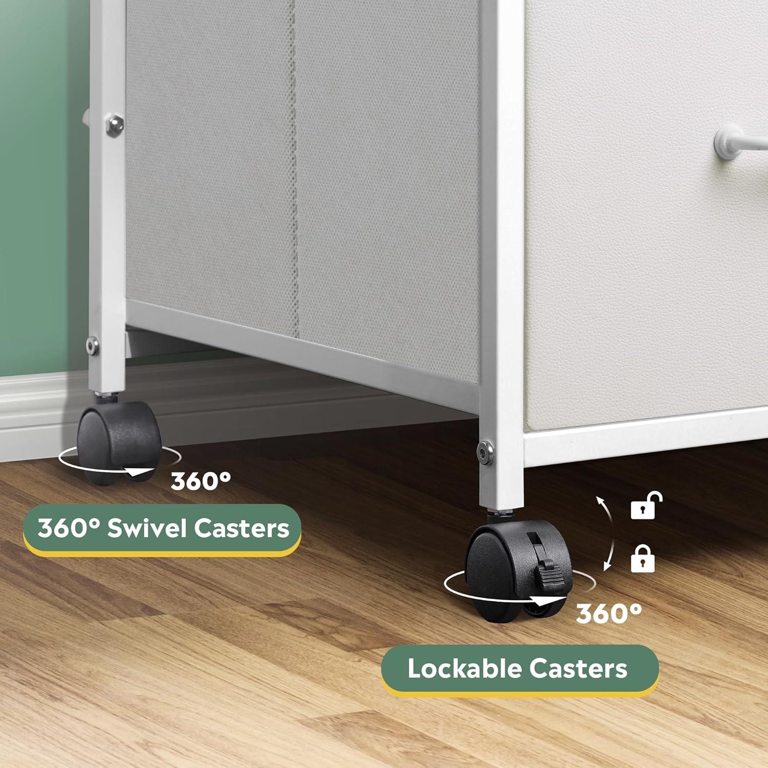 White Fabric and Steel Mobile File Cabinet with 3 Drawers