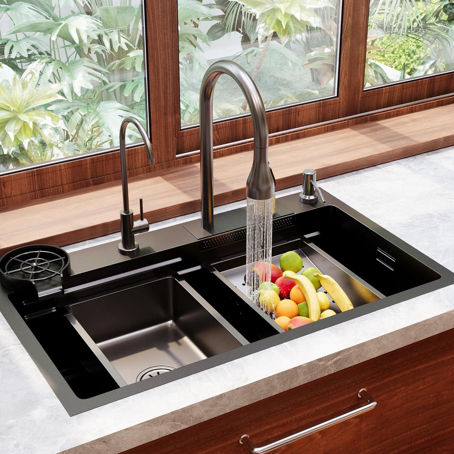 30" Black Stainless Steel Drop-In Single Bowl Kitchen Sink Workstation