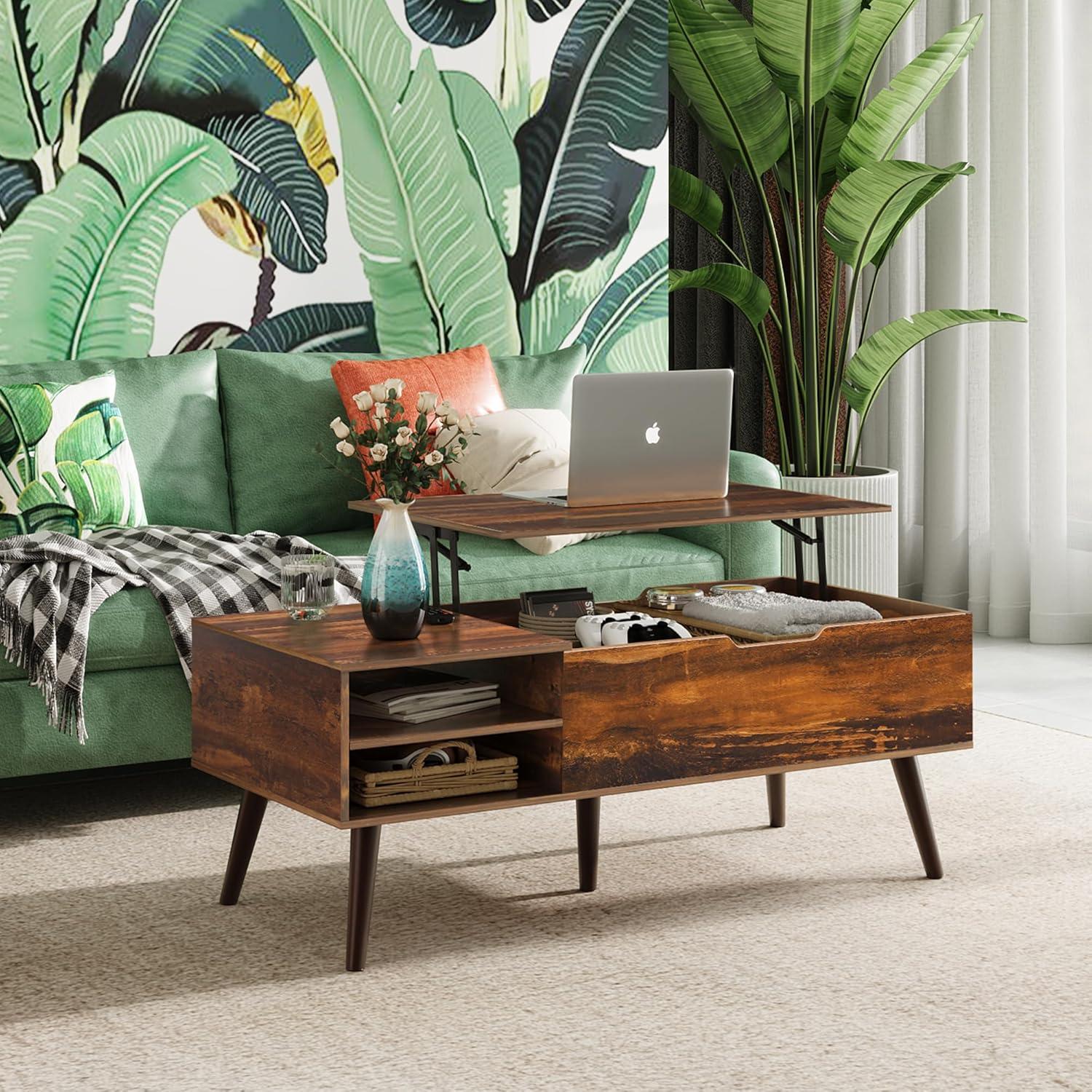 Rustic Oak Lift-Top Coffee Table with Adjustable Storage