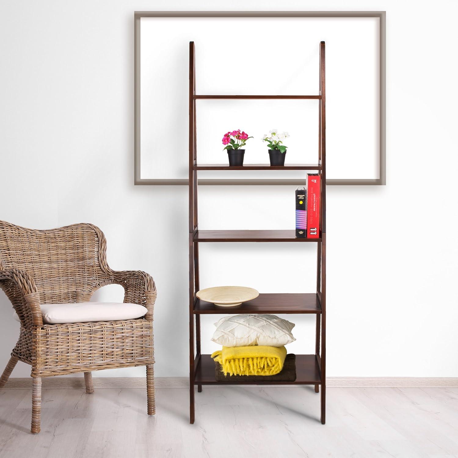 Warm Brown 5-Shelf Wooden Ladder Bookcase