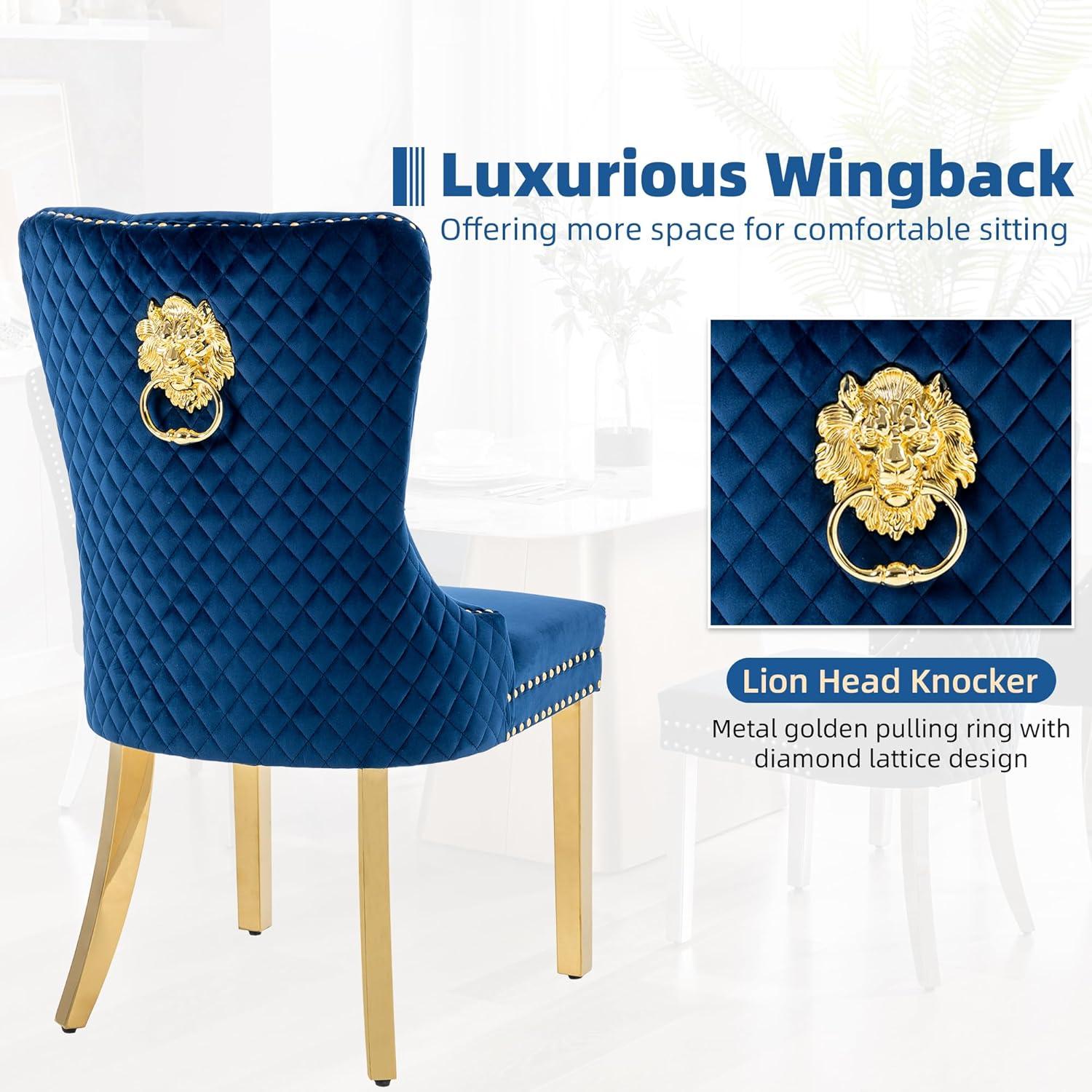 Velvet Upholstered Dining Chairs, Set of 2, Dining Room Tufted Chair, Modern Button Tufted Armless Chairs with Nailhead Trim and Back Ring Pull, Gold Legs, for Dining Room, Kitchen, Navy