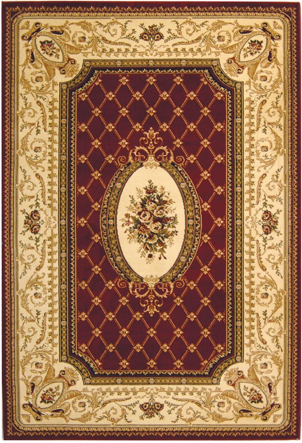 Red and Ivory Medium Pile Synthetic Traditional Area Rug