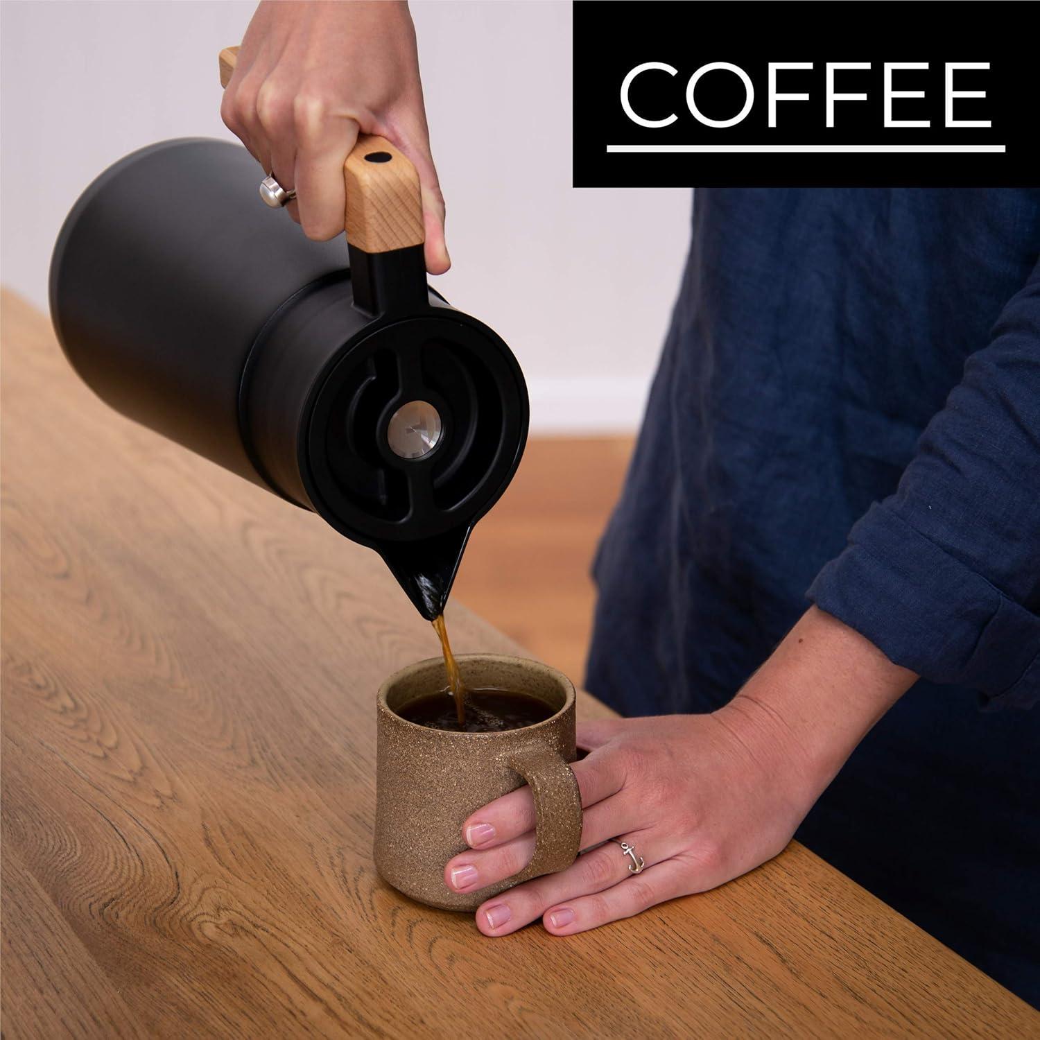 Black Stainless Steel Thermal Coffee Carafe with Wooden Handle