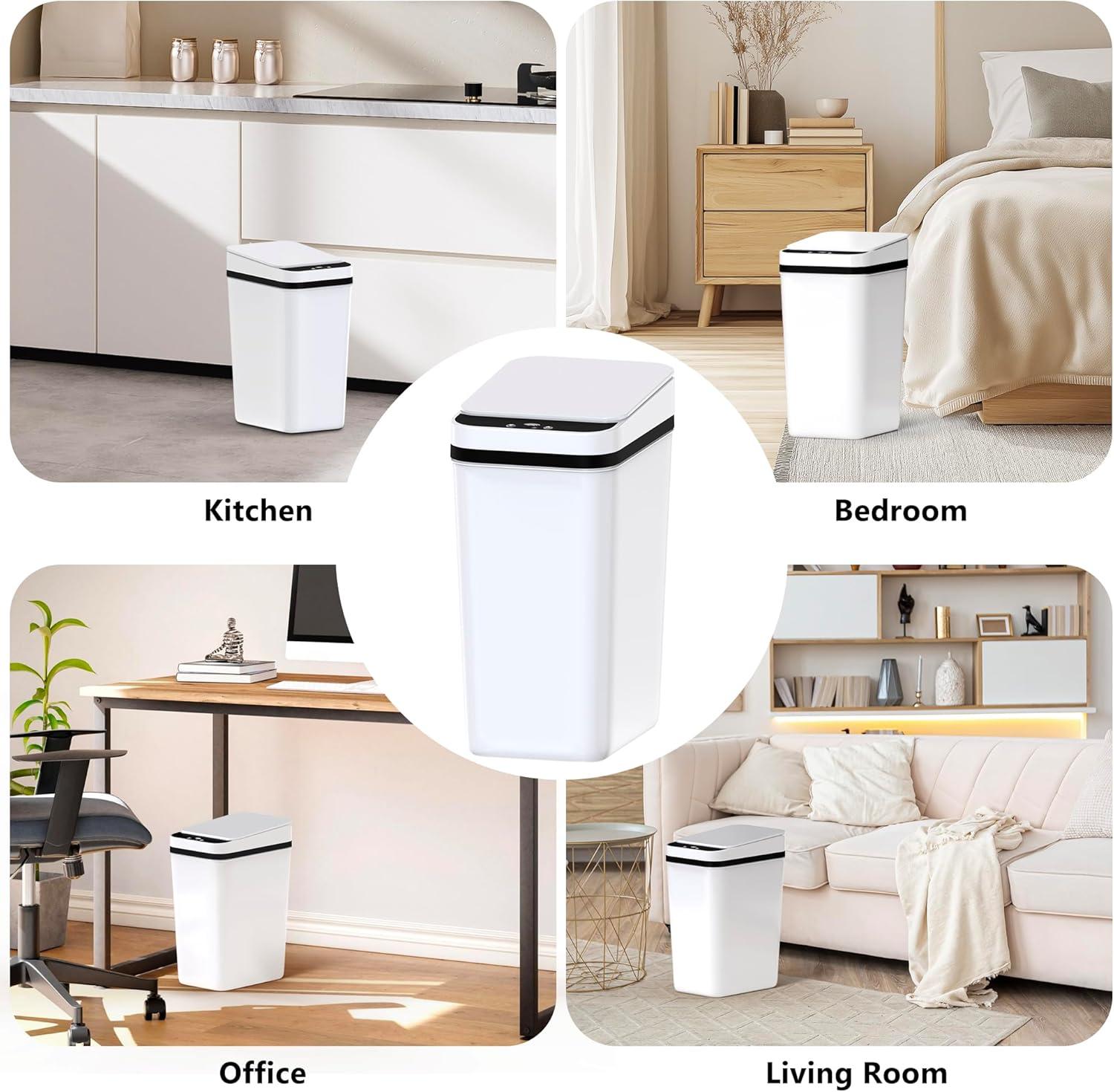 VQJTCVLY 2Pack Bathroom Small Trash Can with Lid, 2.6 Gallon Touchless Automatic Garbage Can Slim Waterproof Motion Sensor Smart Trash Bin for Bedroom, Office, Kitchen, Living Room (White)