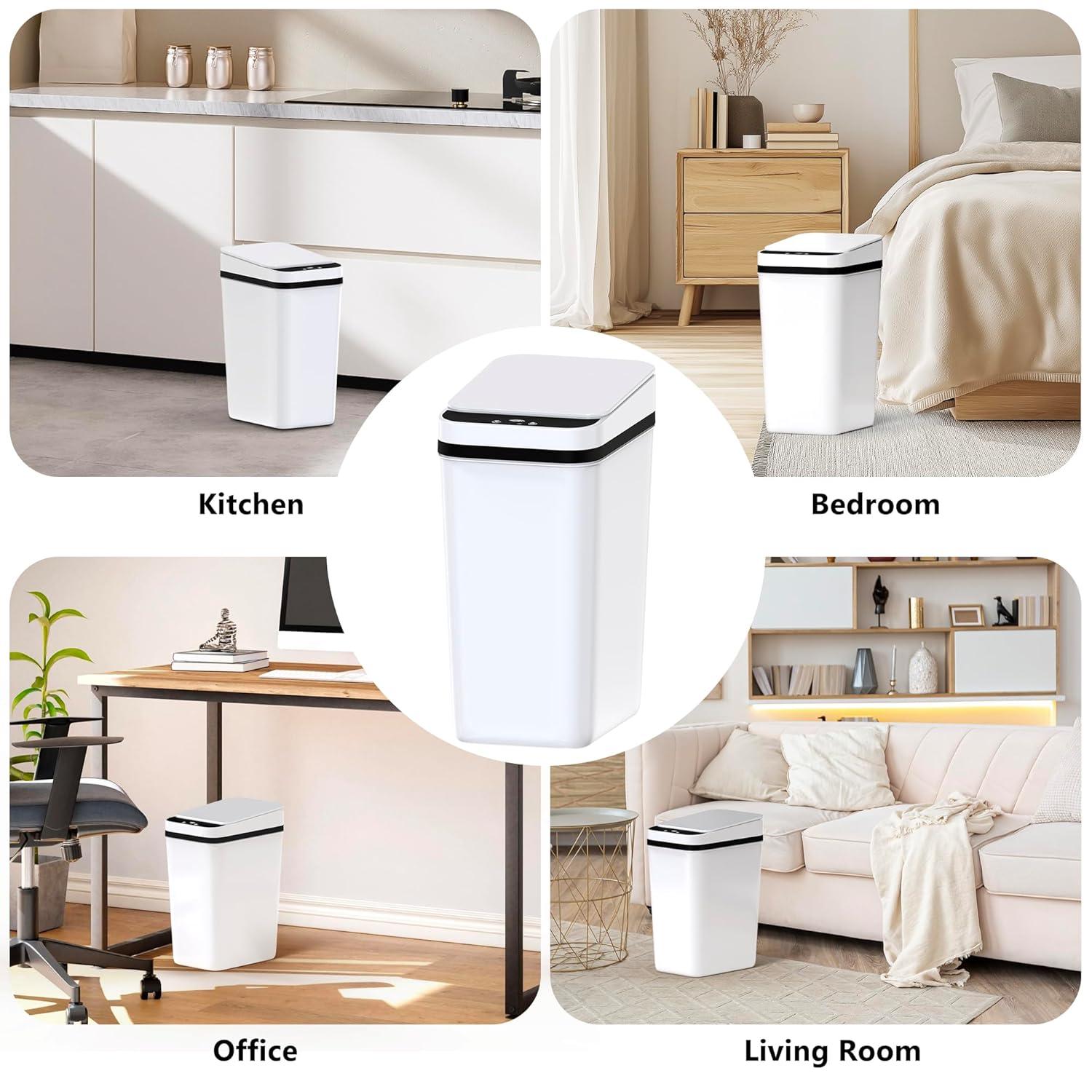 VQJTCVLY 2Pack Bathroom Small Trash Can with Lid, 2.6 Gallon Touchless Automatic Garbage Can Slim Waterproof Motion Sensor Smart Trash Bin for Bedroom, Office, Kitchen, Living Room (White)