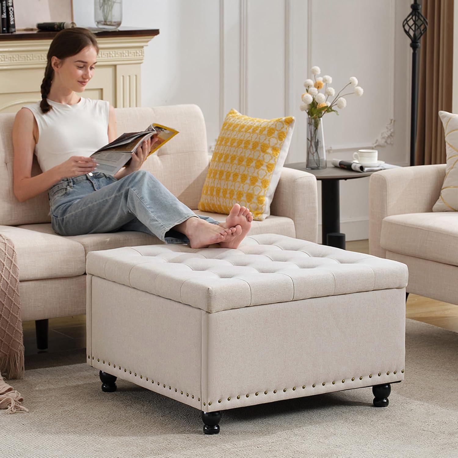 Tbfit Large Square Storage Ottoman Bench, Botton Tufted Upholstered Coffee Table with Wooden Legs, Oversized Storage Ottomans Toy Box Footrest for Living Room, Apartment, Beige