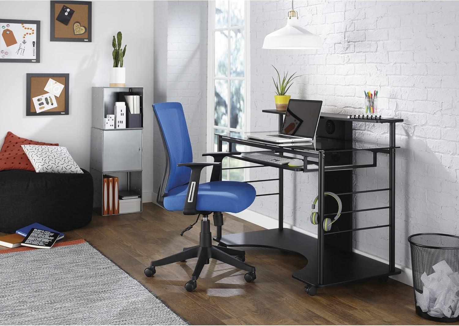 Black Glass Mobile Tech Desk with Power Outlet and USB Port