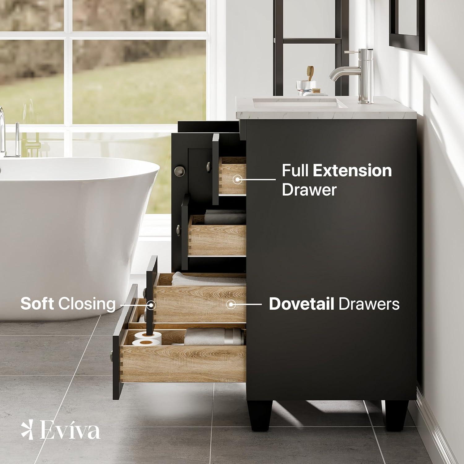 Eviva Acclaim C. 28" Transitional Espresso Bathroom Vanity with White Carrara Quartz Countertop