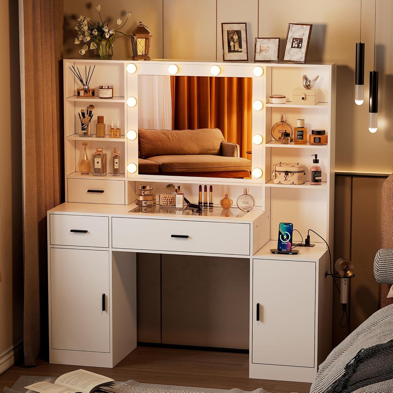 PAKASEPT Vanity Desk with Mirror and Lights, Corner Makeup Table with 3 Color Lighting, White Vanity with Power Strip & Hooks, Hidden and Open Shelves, Adjustable Brightness, 47.2 Inch