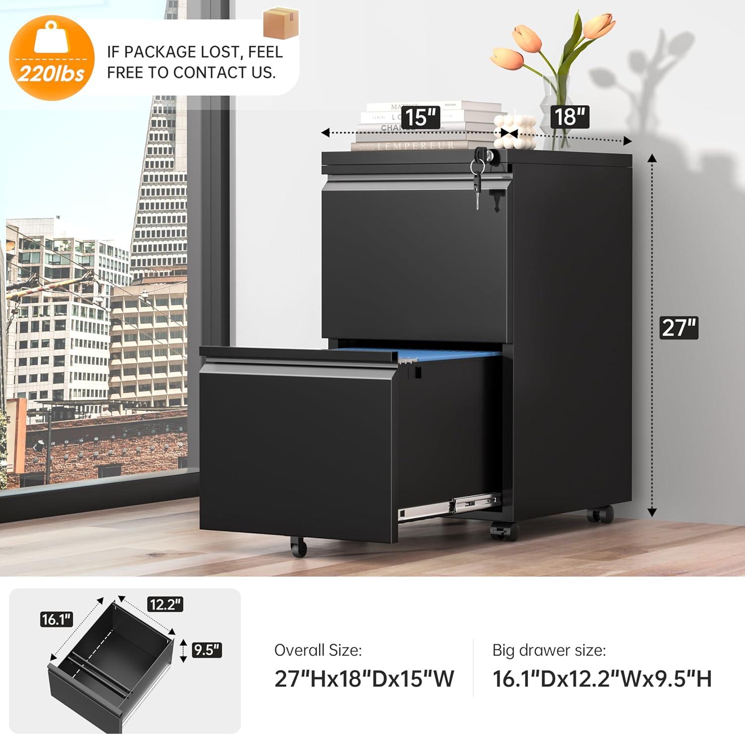 Black Metal 2-Drawer Lockable Mobile Filing Cabinet