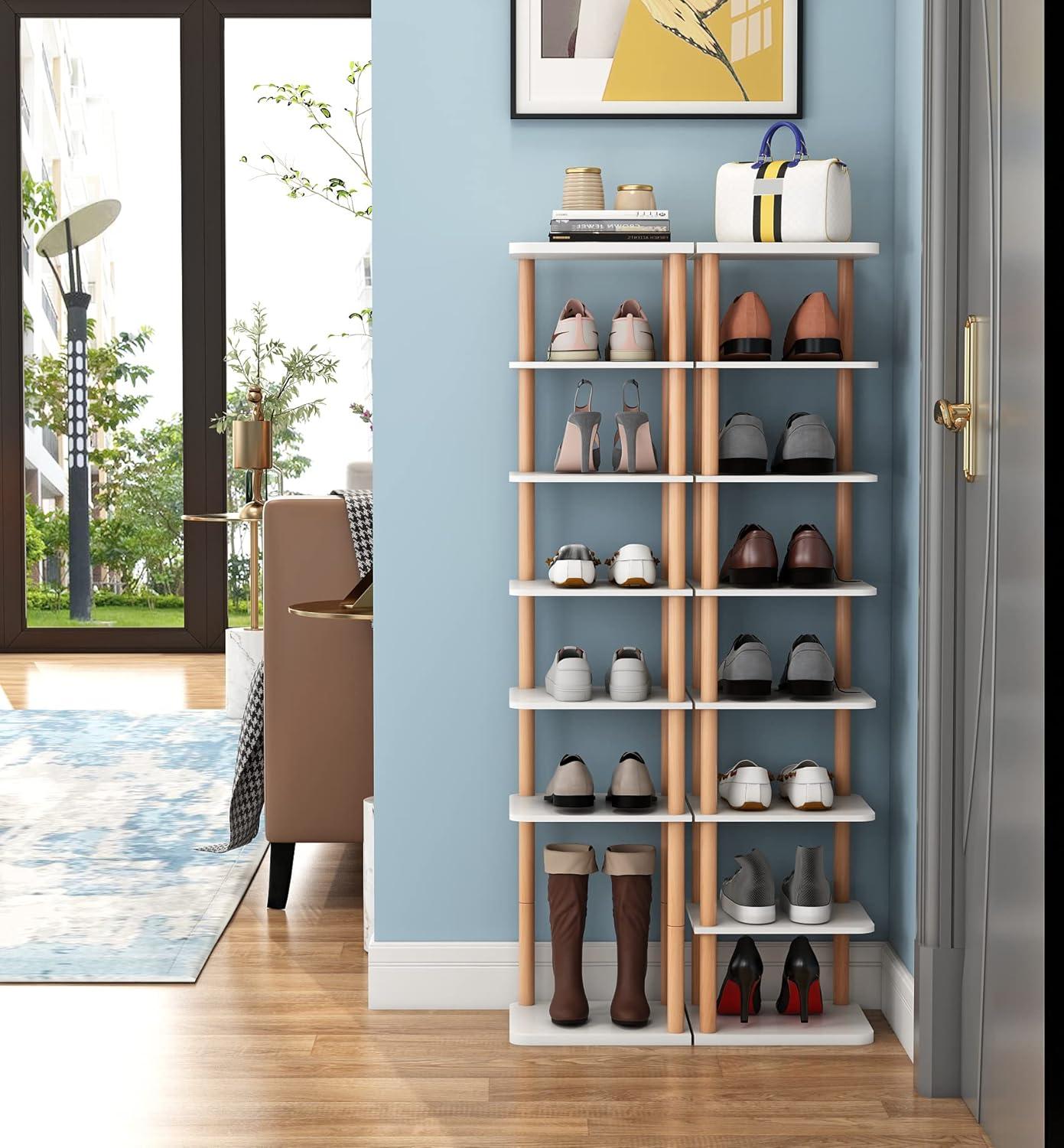 White and Beech Wood 8-Tier Vertical Shoe Rack