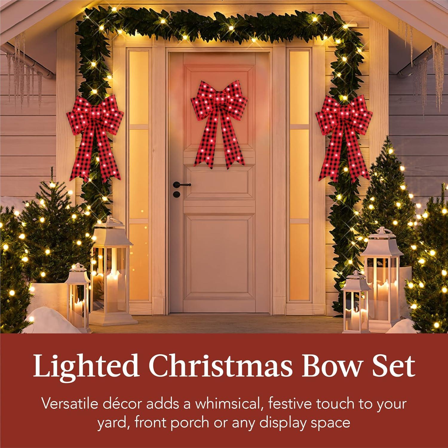 The Holiday Aisle® Set Of 3 Pre-Lit Christmas Bows, Indoor/Outdoor LED Holiday Decor W/ 8 Light Functions - Plaid