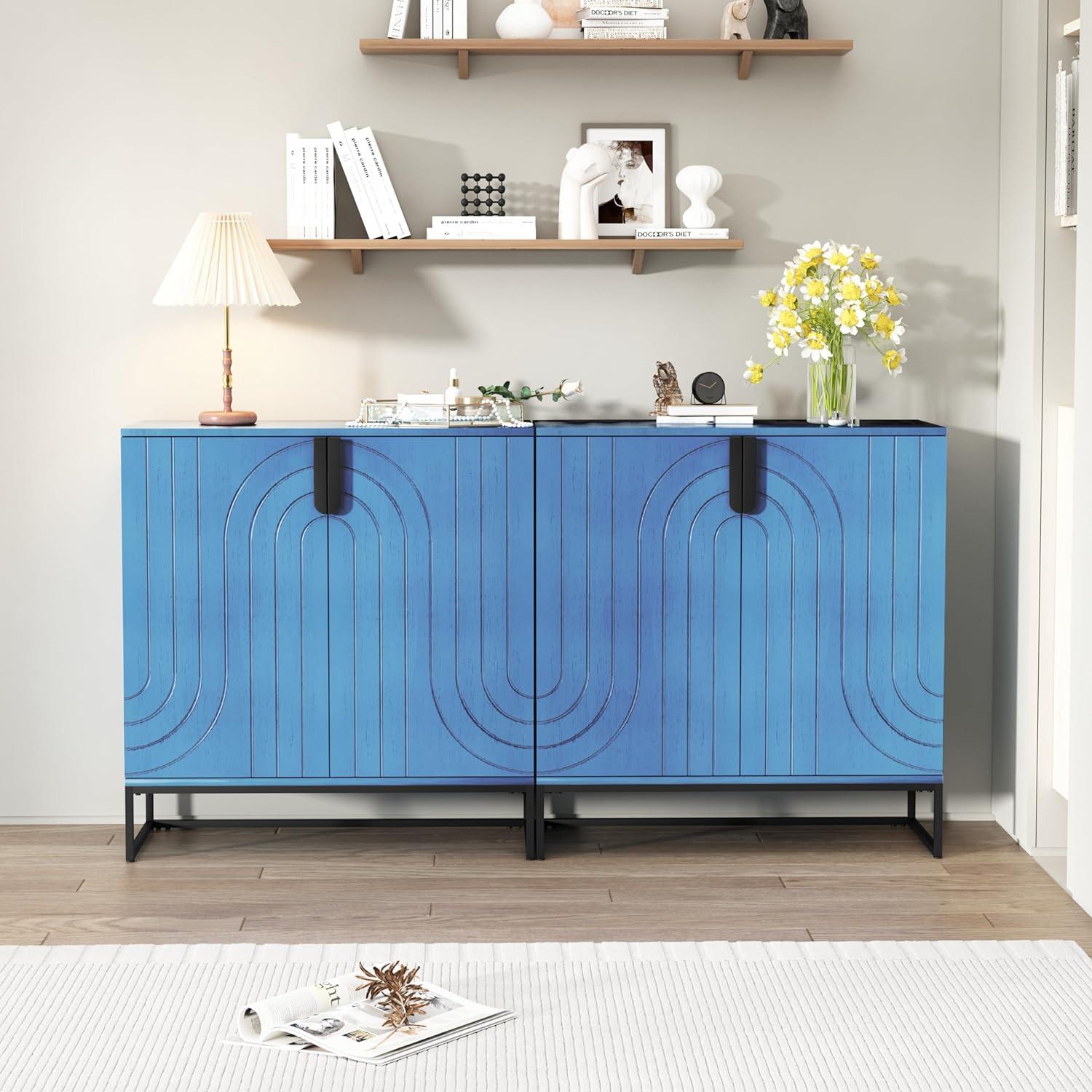 Antique Blue Wood Grain Cabinet with Black Metal Legs