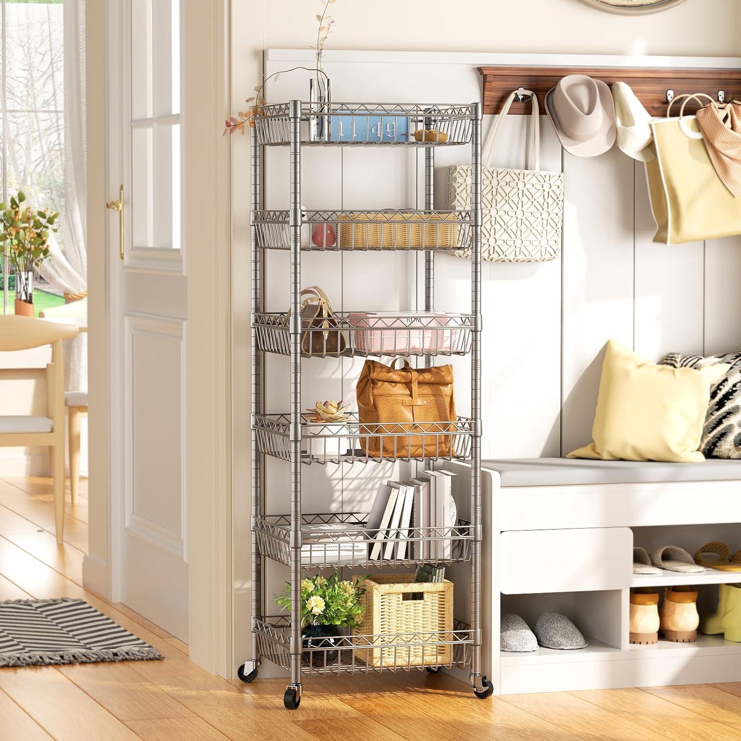 SINGAYE 6 Tier Shelf Adjustable Storage Shelves Rack Standing Units with Wheels Closet Wire Shelving Organizers Metal Pantry Kitchen Laundry Room 13.5" D x 13.5" W x 63" H Silver