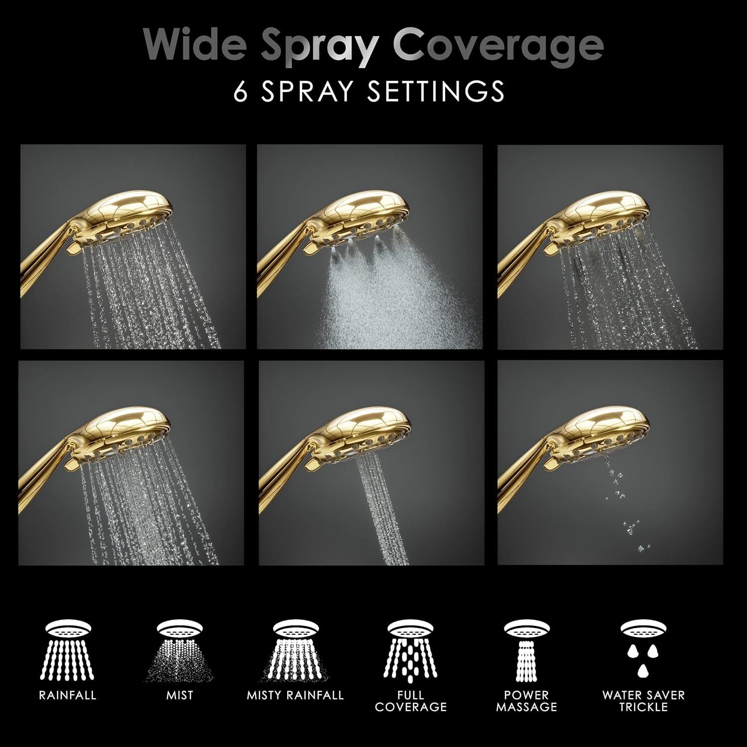 Polished Brass Handheld Shower Head with 6 Spray Settings