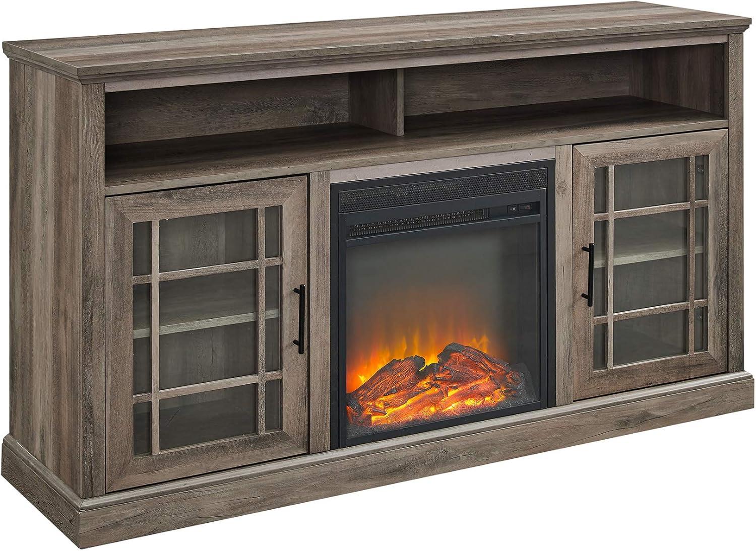 Hazel 58" Grey Wash Classic Fireplace TV Stand with Glass Doors