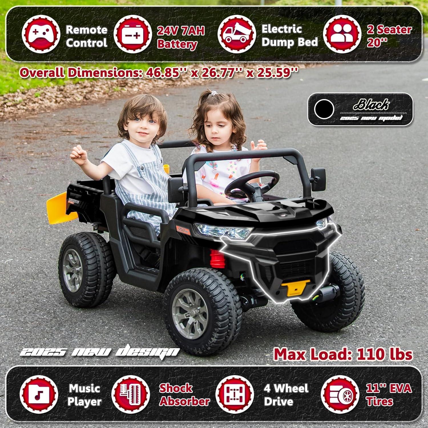 4 Wheels 24V Ride on Dump Truck Toys 2 Seater Kids Ride On UTV Car with Remote Control,Electric Dump Bed