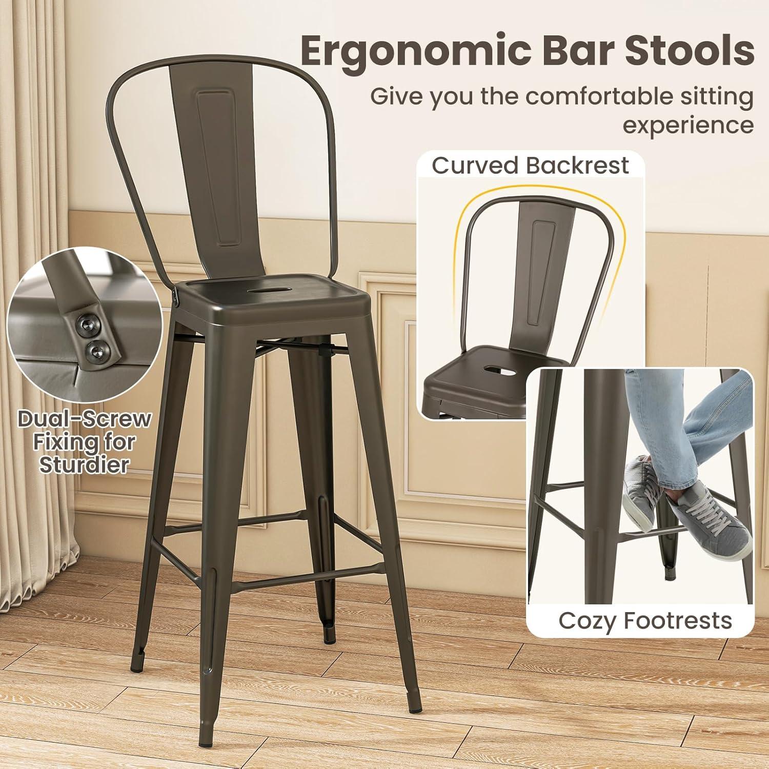 Costway Set of 4 High Back Metal Stool 30'' Seat Bar Height Industrial Bar Stools Gun/Black