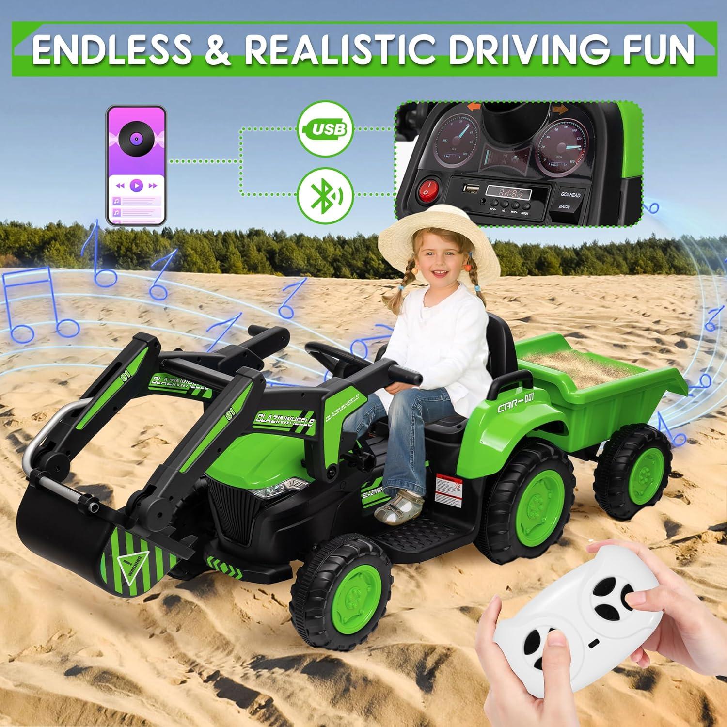 Green 12V Kids Ride-On Tractor with Detachable Trailer