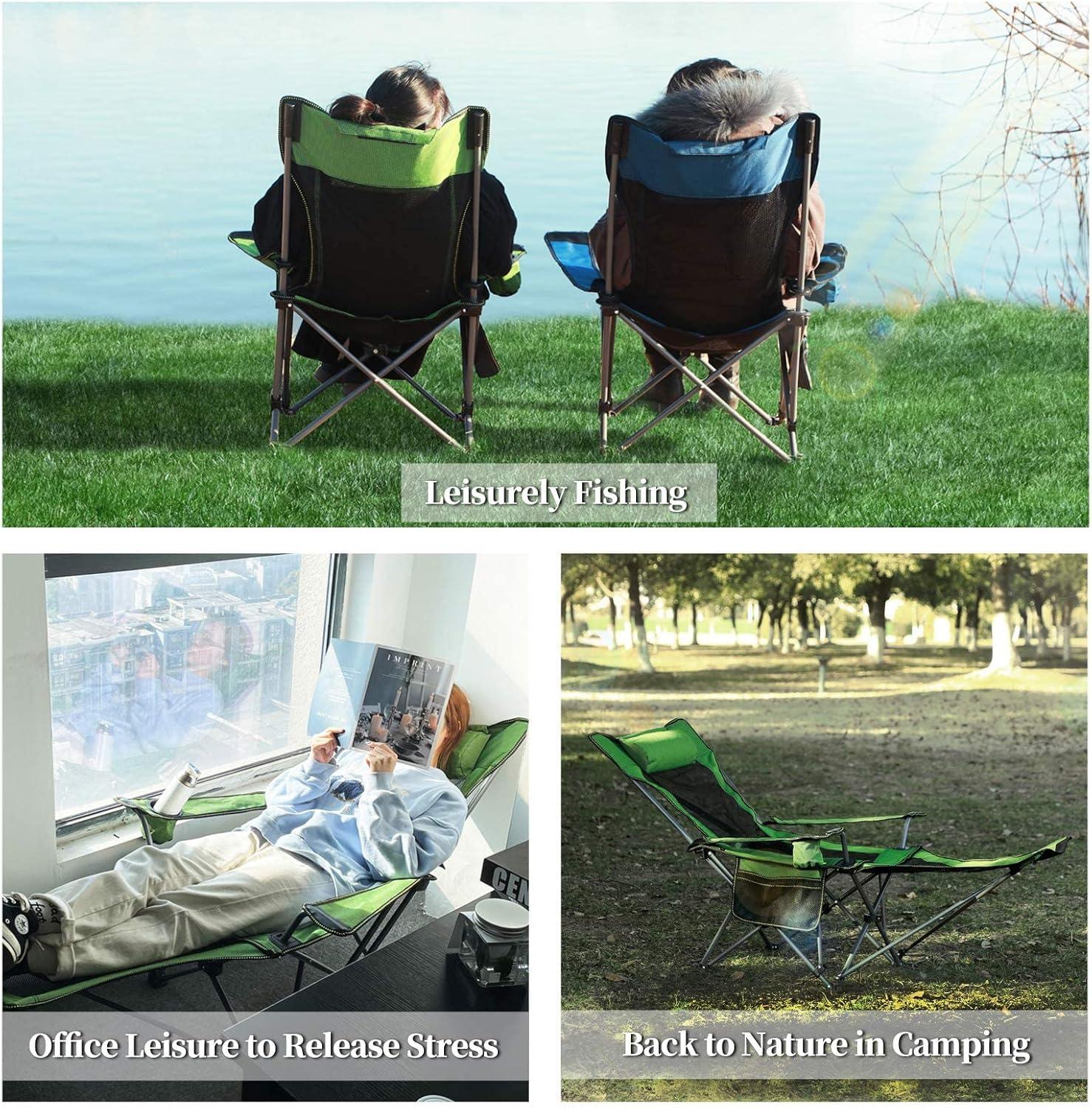 Green Alloy Steel Adjustable Reclining Camping Chair with Footrest