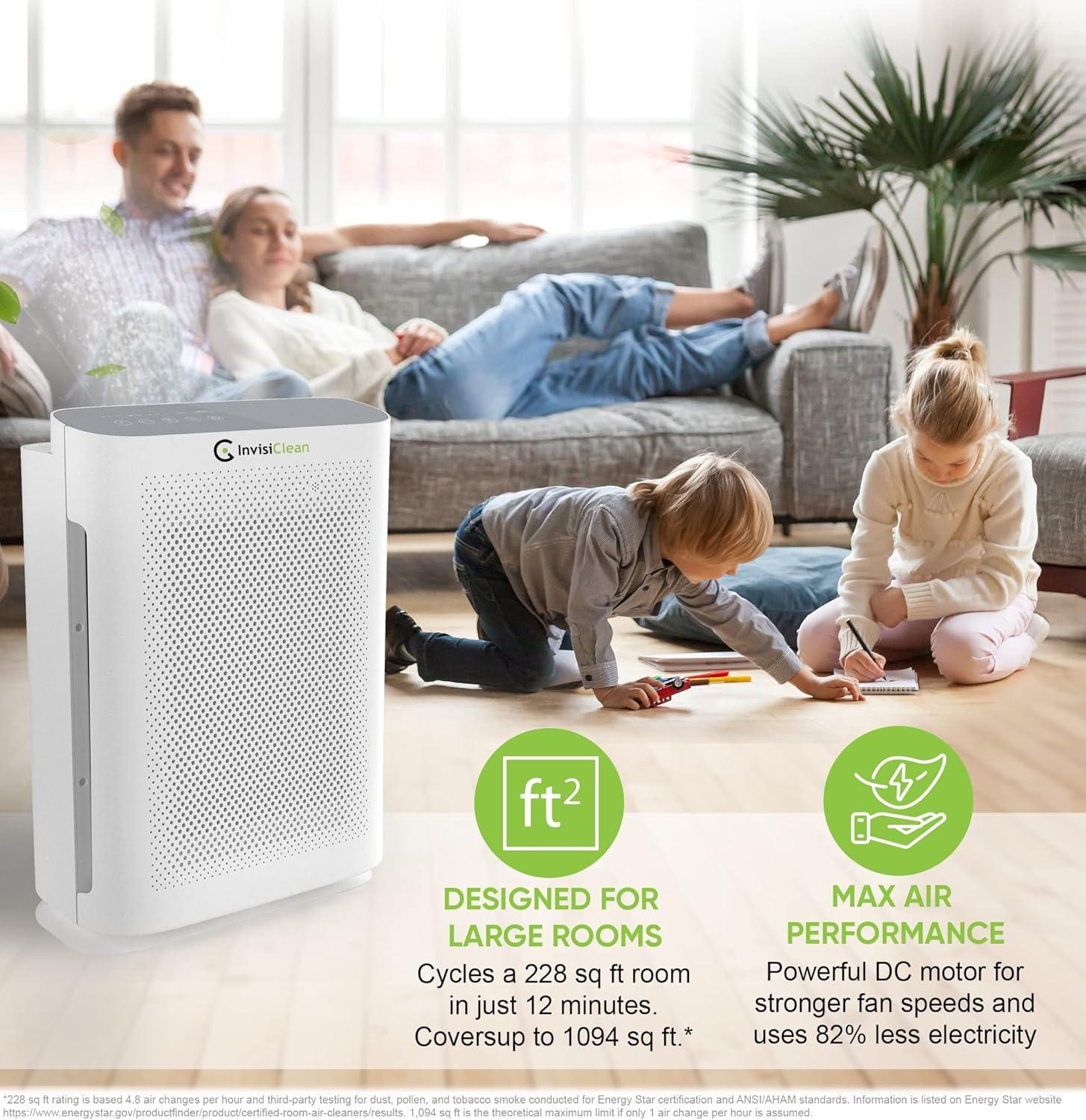 Air Purifier for Allergies and Asthma, Smoke Odors, Large Rooms, Home, Pets, Mold, Dust - 4-in-1 System with UV, Ionizer, True HEPA and Carbon - InvisiClean Aura II