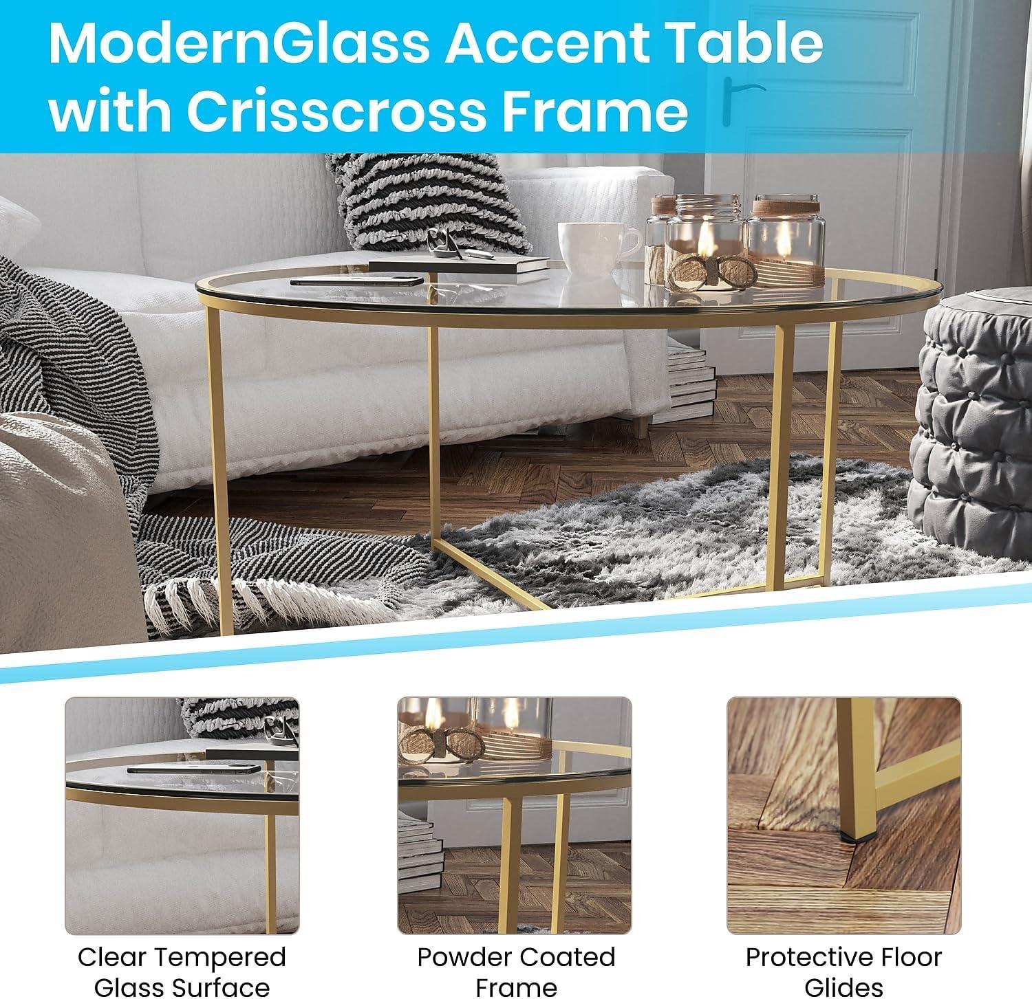 Flash Furniture Greenwich Collection Coffee Table - Modern Clear Glass Accent Table with Crisscross Brushed Gold Frame