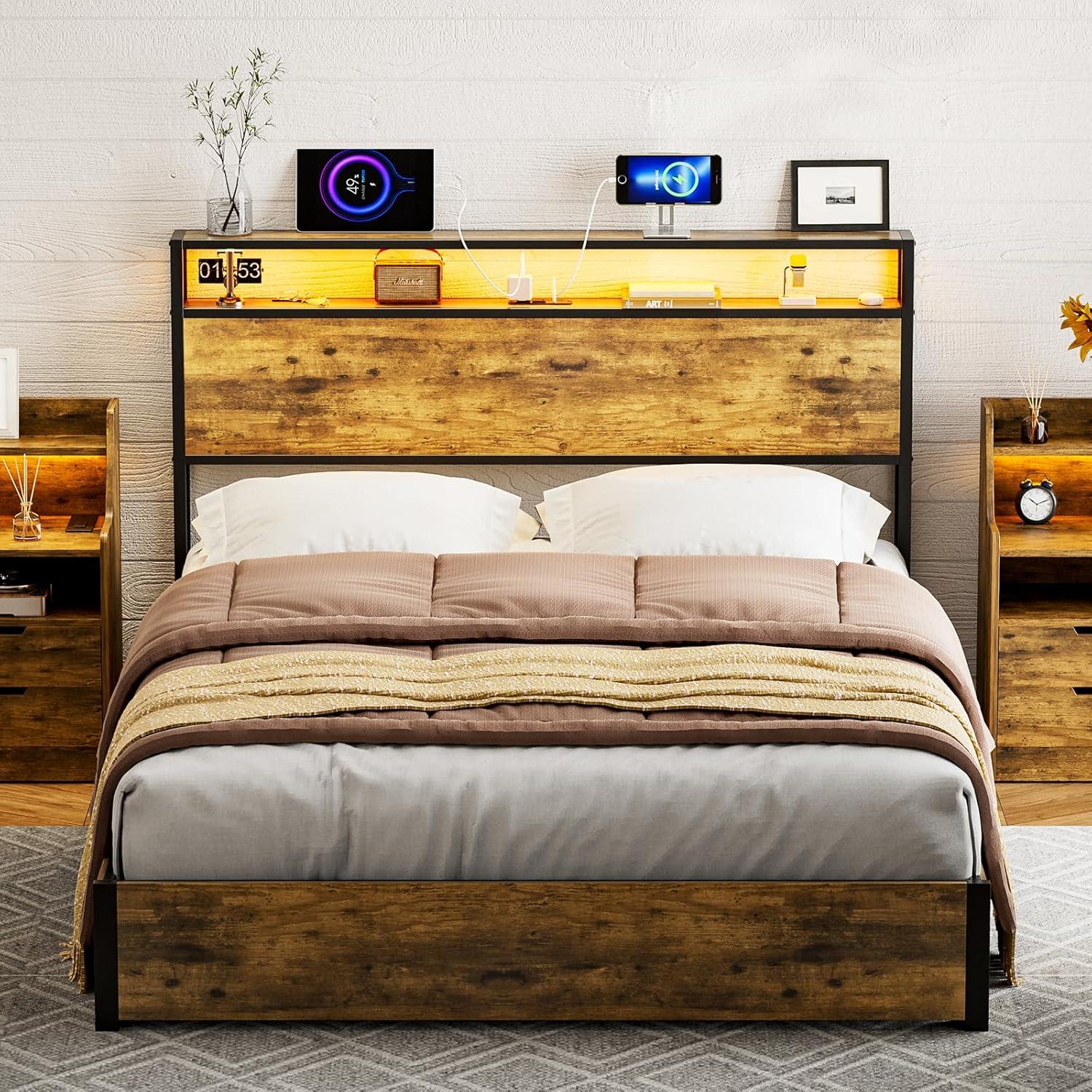 Ivy Bronx Kaiwei Storage Headboard With Led Lights & Charging Station - Industrial Metal And Wood