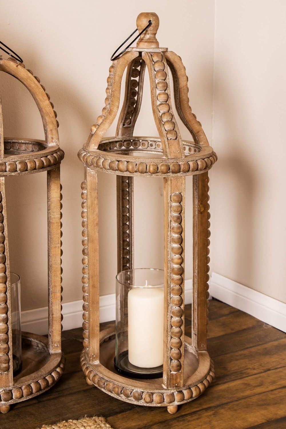 Olivia & May 29" x 13" Rustic Glass/Wood Cage Style Candle Holder Brown: Traditional Wooden Lantern, Tabletop Centerpiece