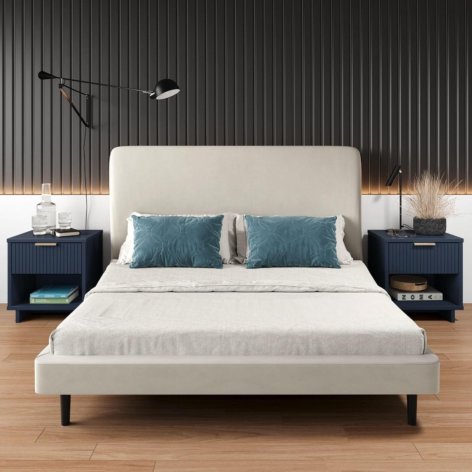 Manhattan Comfort Set of 2 Granville Nightstands with Drawer Midnight Blue: UV Finish, Soft Close, Metal Handles