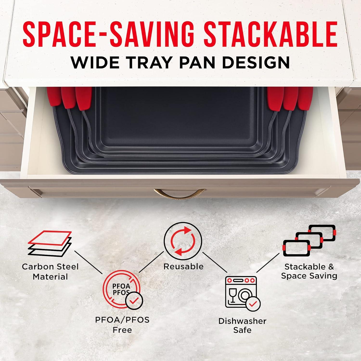 Baking Pan Set – 3 Piece Cookie Sheet – Deluxe Black  Non-Stick Carbon Steel – Silicone Handles –