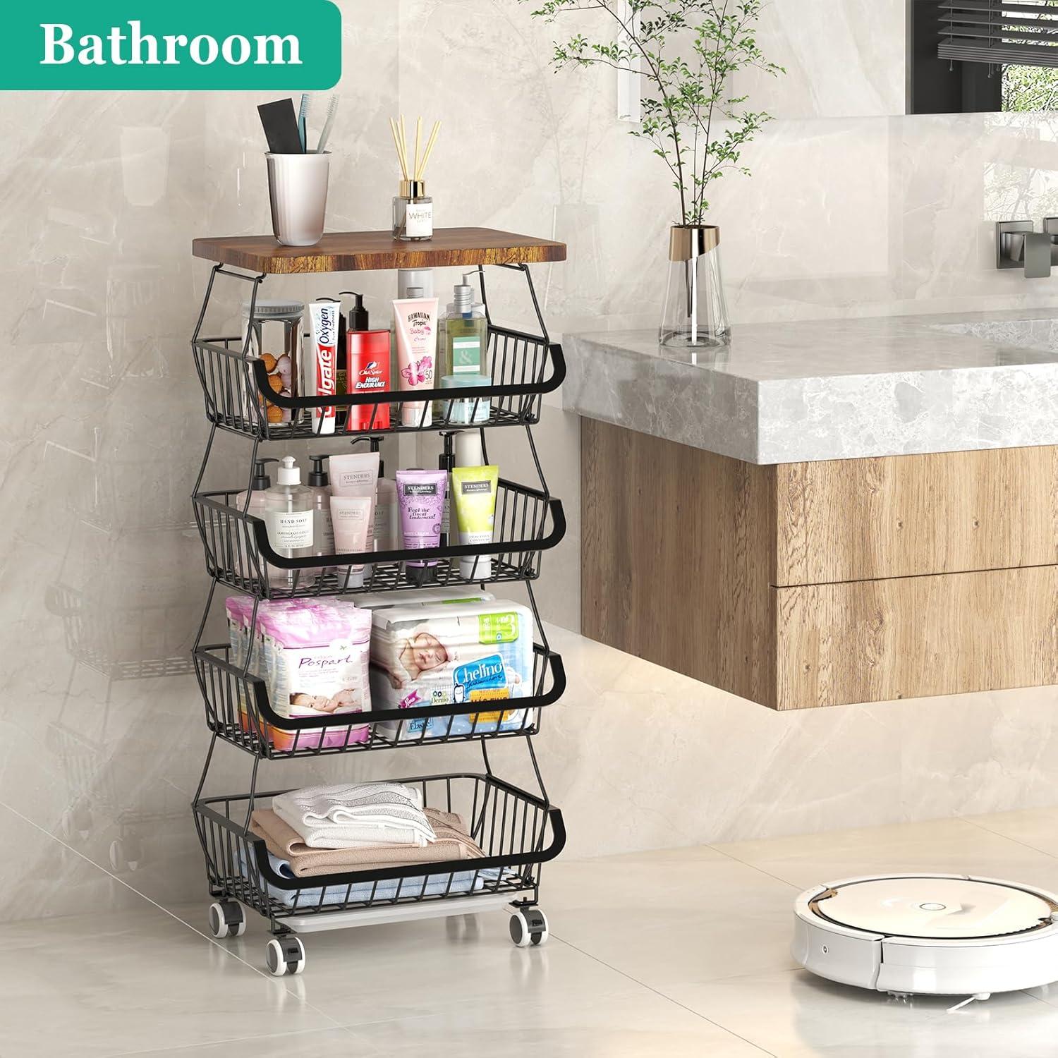HYYYYH 5 Tier Fruit Vegetable Storage Baskets with Wood Stackable Storage Baskets Produce Storage Bins for Kitchen, Bathroom, Pantry