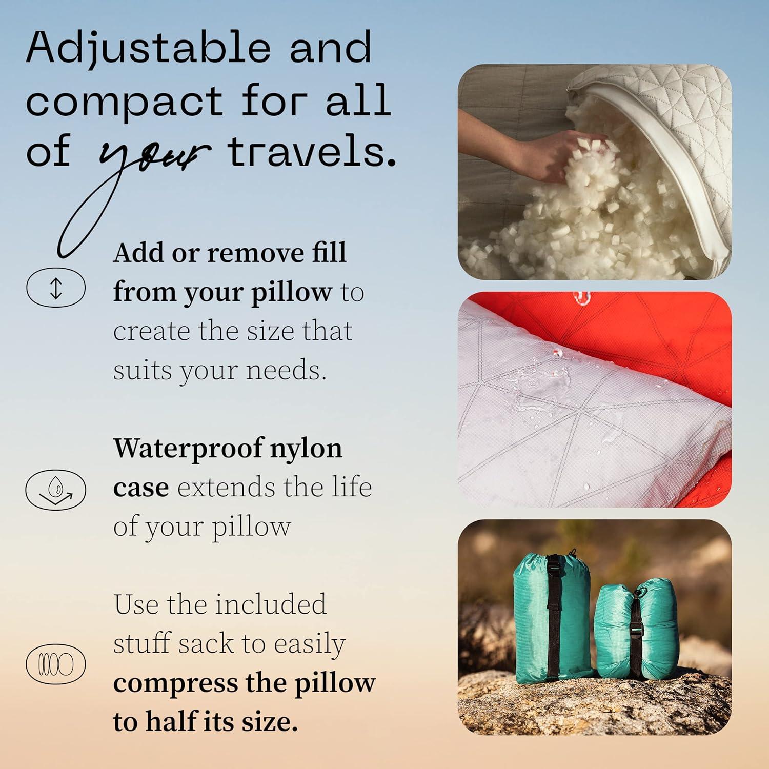 Coop Home Goods Adjustable Travel Pillow - 1 Camping Pillow and 1 Grey Pillowcase Bundle w/ Compressible Stuff Sack