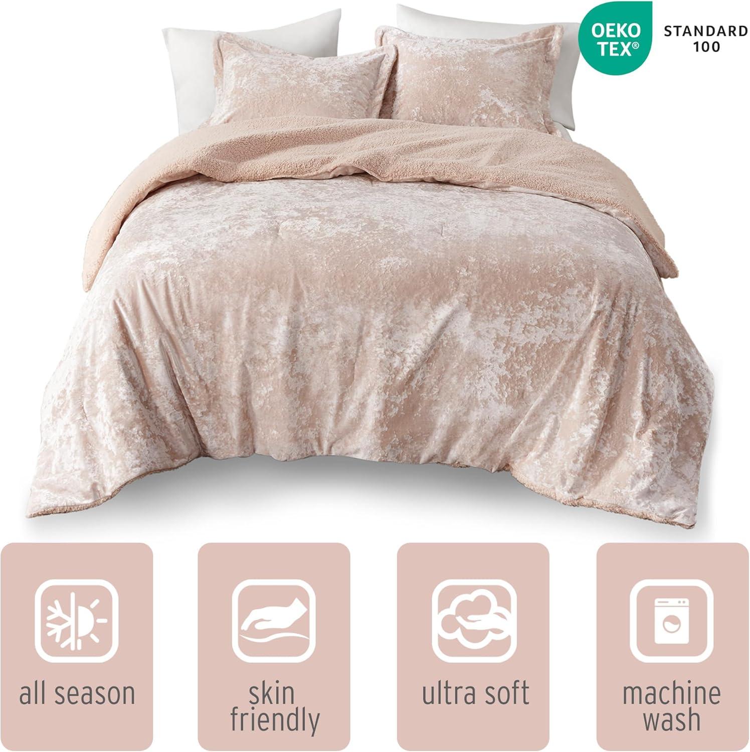 Intelligent Design Queen Comforter Set, Reversible Velvet Comforter Set, Soft & Warm Sherpa Reverse, Winter Fluffy Comforter Bed Set with 2 Shams, Mira, Full/Queen Blush 3 Piece