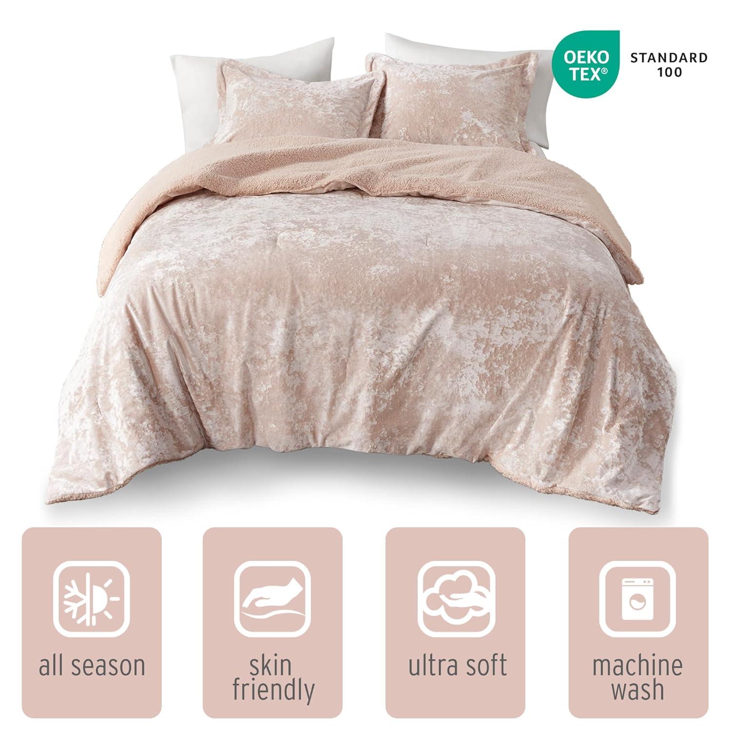 Intelligent Design Queen Comforter Set, Reversible Velvet Comforter Set, Soft & Warm Sherpa Reverse, Winter Fluffy Comforter Bed Set with 2 Shams, Mira, Full/Queen Blush 3 Piece