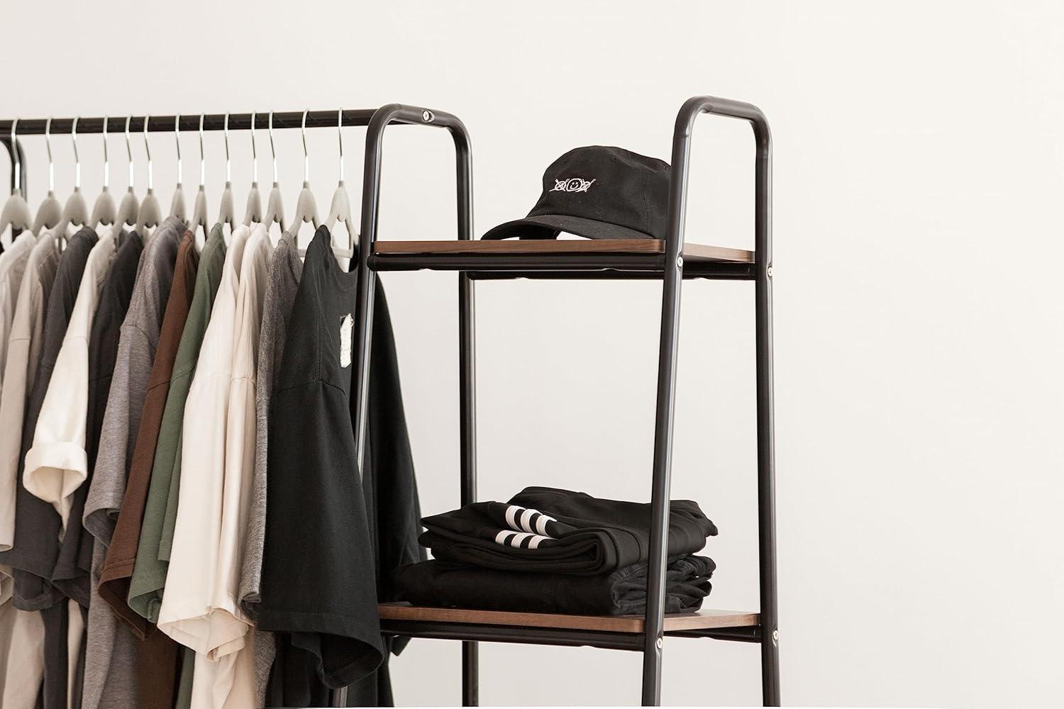 IRIS USA Garment Rack with Wooden Shelves for Hanging Clothes and Displaying Accessories Black and Dark Brown