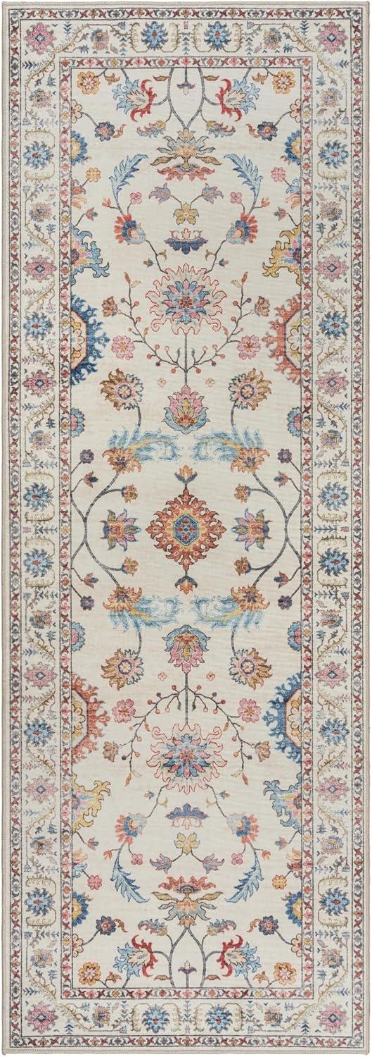 Gertmenian Crystal Print Cullen Ivory Cream Pink Multi Transitional Floral Border Washable Flat Pile Indoor Area Rug