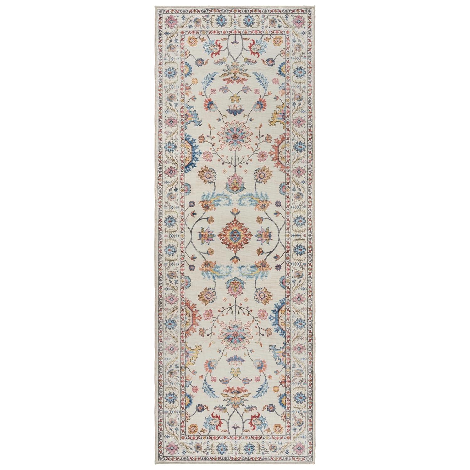 Gertmenian Crystal Print Cullen Ivory Cream Pink Multi Transitional Floral Border Washable Flat Pile Indoor Area Rug