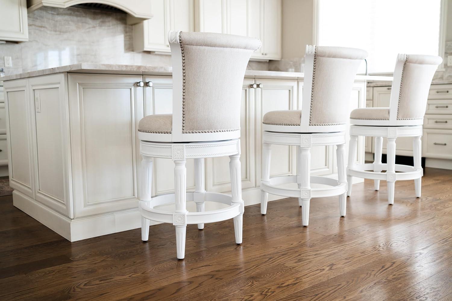 Maven Lane Pullman 26 Inch Tall Counter Height Upholstered Barstool with Back in Weathered Oak Finish with Sand Color Fabric Cushion Seat, Set of 4