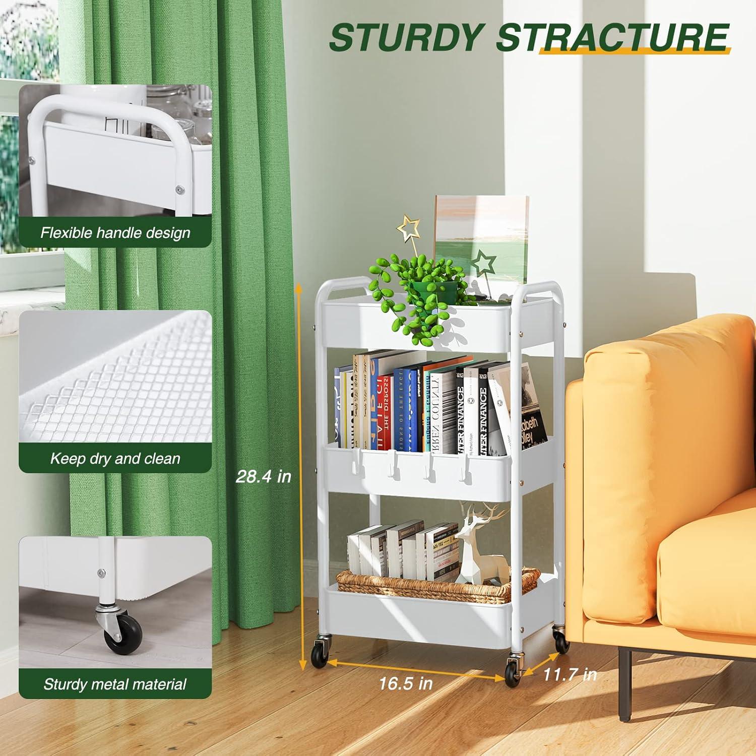 LEHOM 3 Tier Rolling Utility Cart, Metal Trolley Cart with Wheels, Hooks, Easy Assembly Organizer Storage Cart for Bathroom, Kitchen, Office, Bedroom(White)