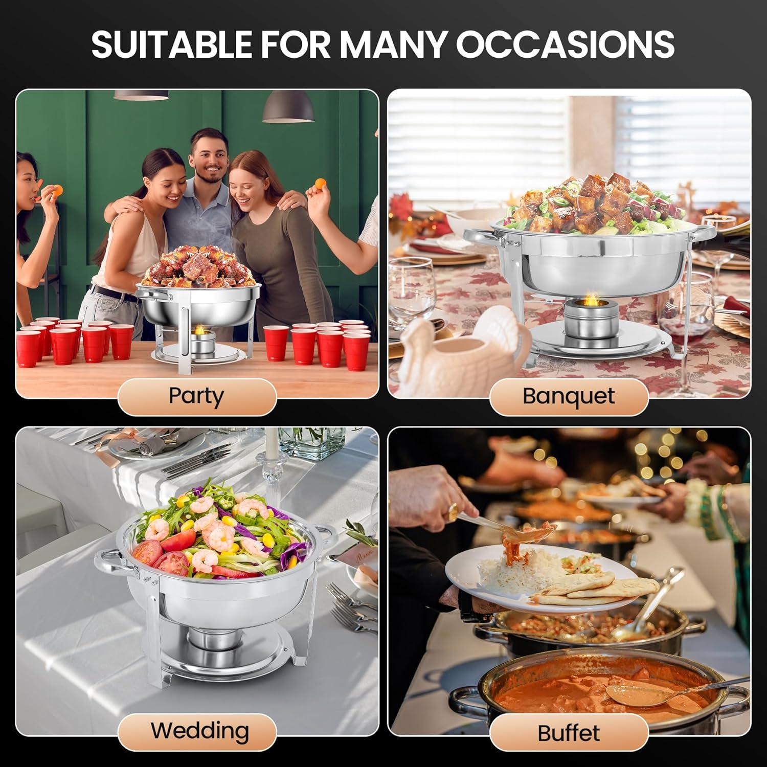 Round Stainless Steel Chafing Dish Set with Glass Lid, 5-Quart, Silver, Set of 4