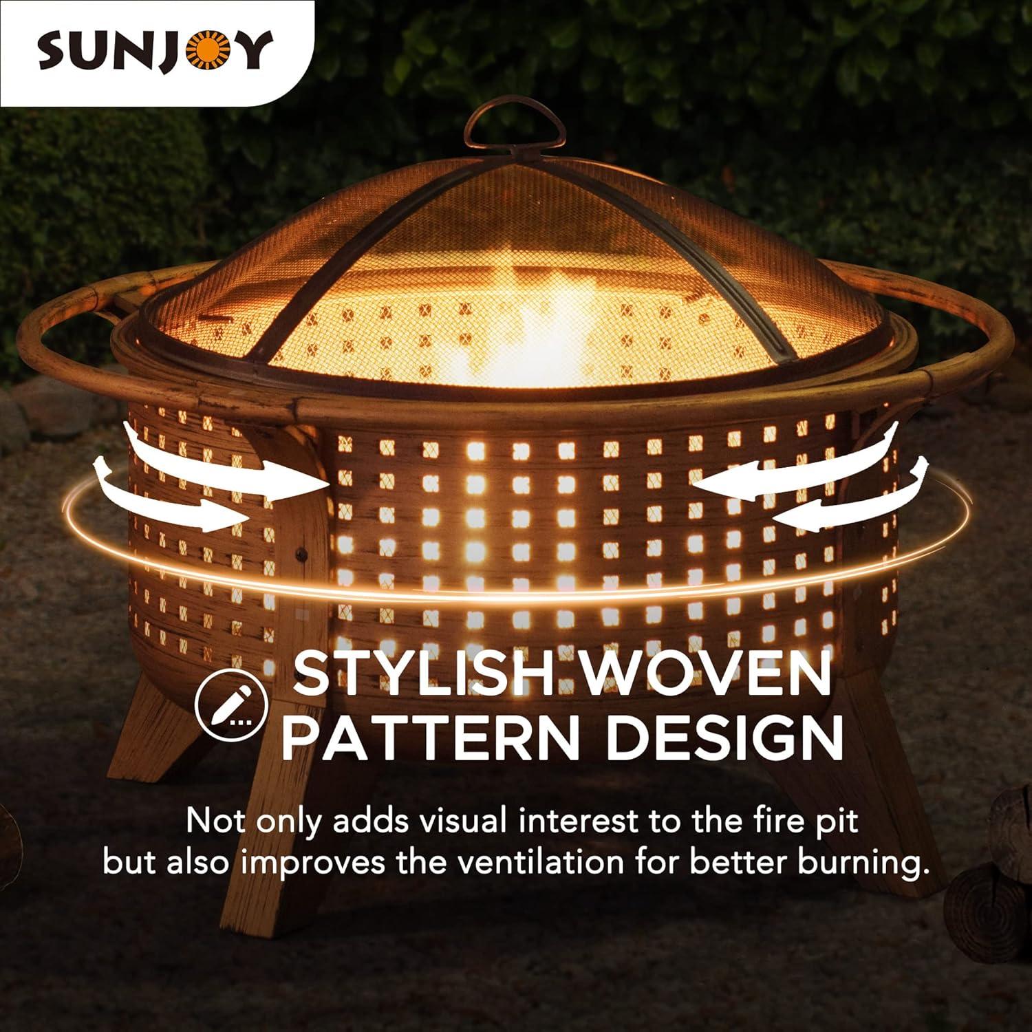 SUNJOY Fire Pit 30 Inch Outdoor Wood-Burning Fire Pit, Patio Woven Round Steel Firepit Large Fire Pits for Outside with Spark Screen and Poker