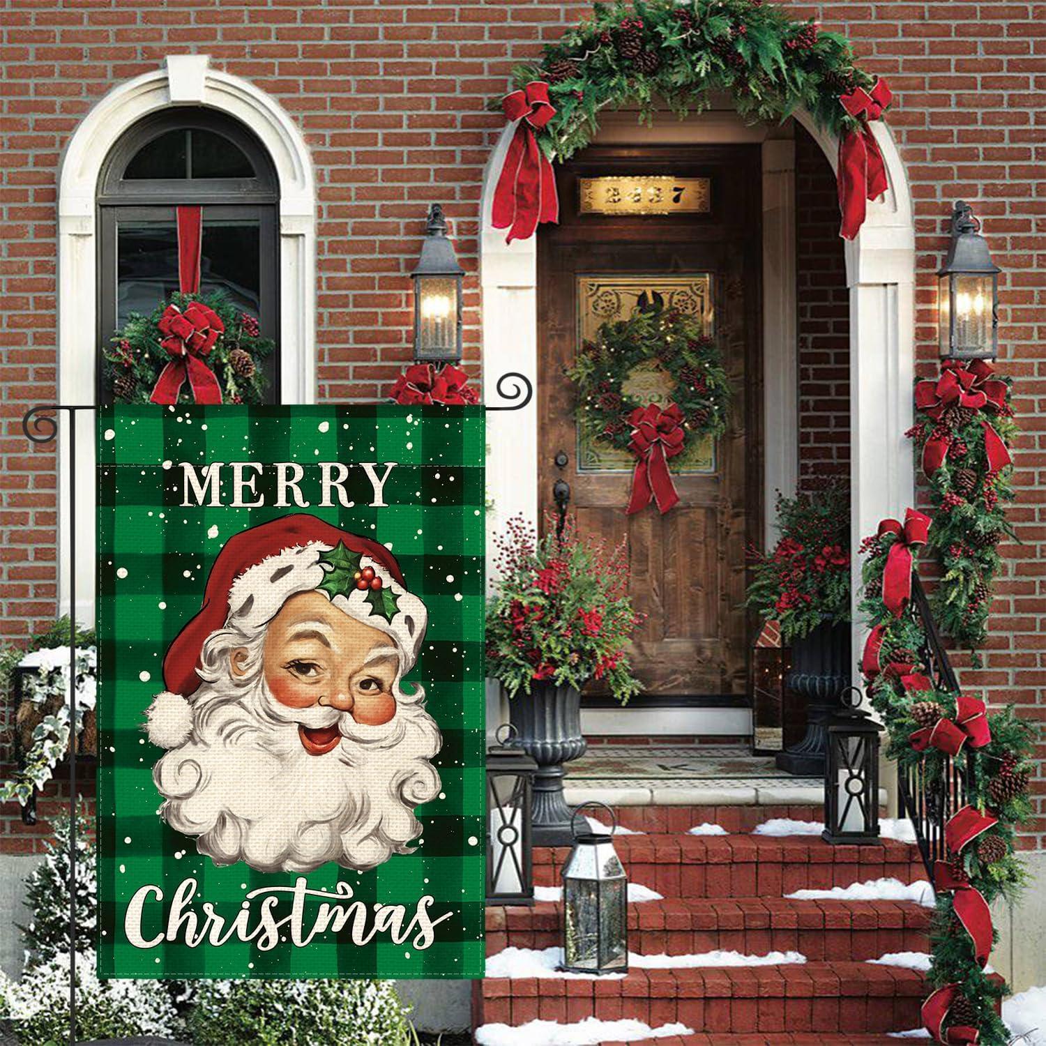 PHYHOO  Merry Christmas Santa Claus Garden Flag Double Sided, Watercolor Buffalo Plaid Winter Holiday Yard Outdoor Decorative Flag White