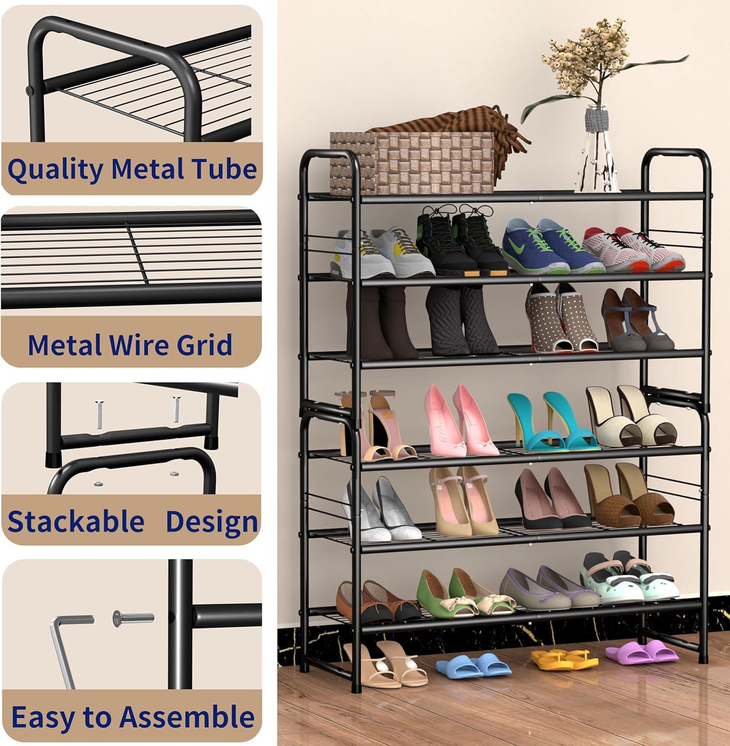 YASONIC Shoe Rack Storage Organizer, 3-Tier Black Shoe Shelf, 24 Pairs, Iron Poles & Plastic Connectors